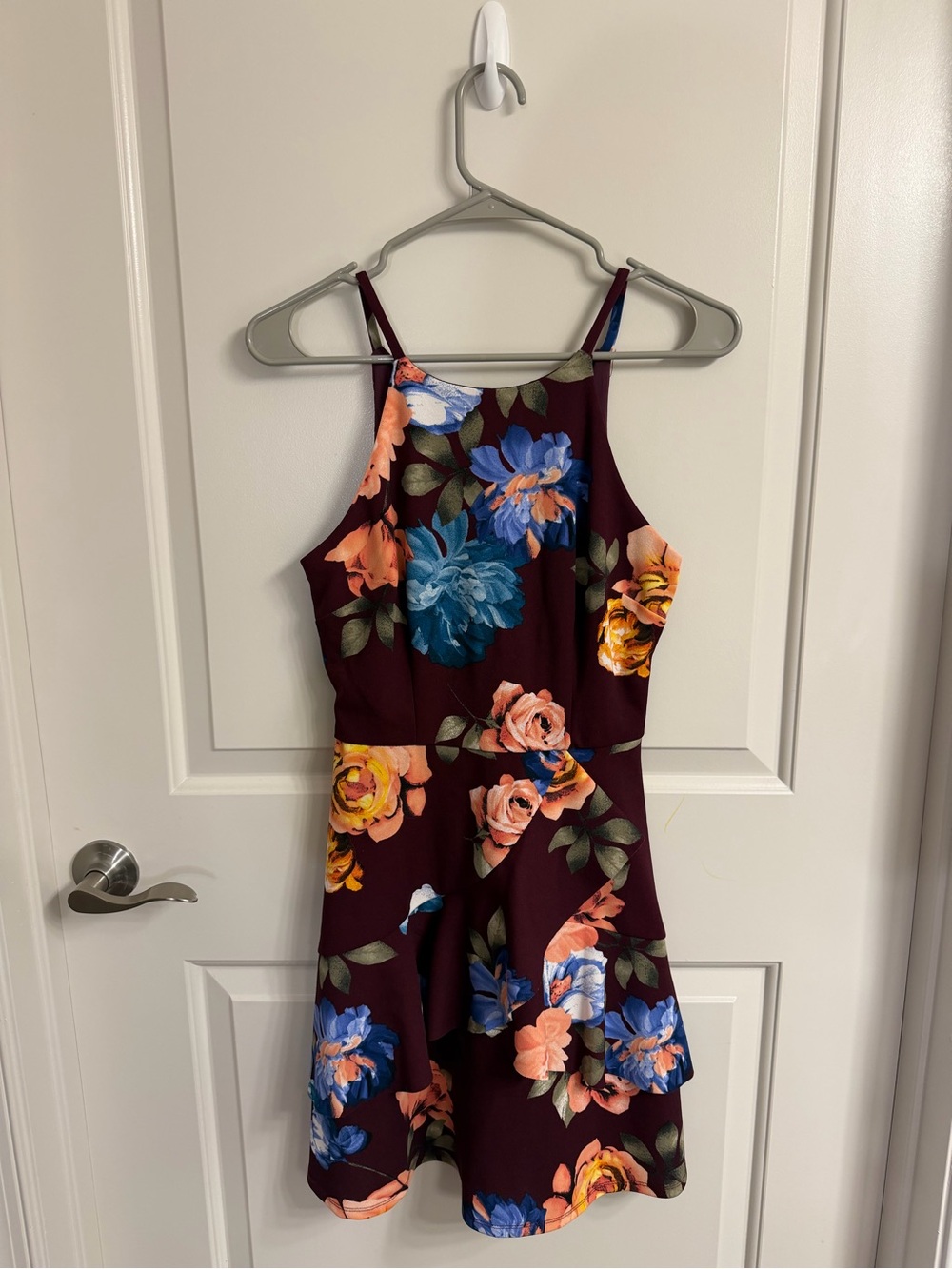 NWT Burgundy Floral Halter Dress with Ruffle
